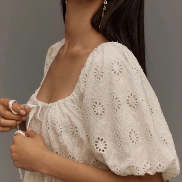 Anthropologie Pilcro NWT Puff-Sleeved Eyelet Romper in White Size MP - Picture 3 of 8